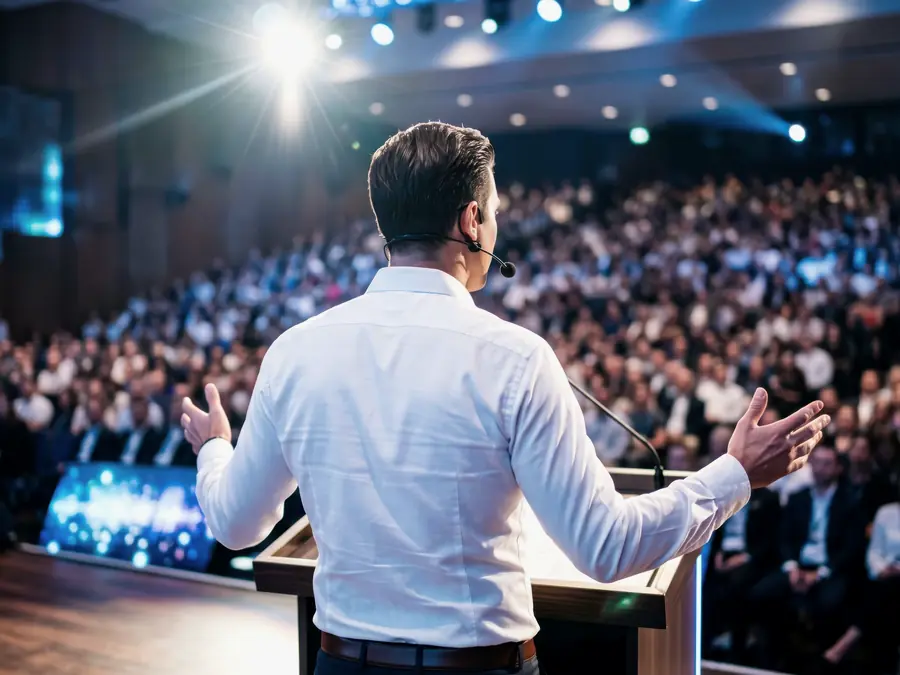 A speaker at a podium addressing a large audience