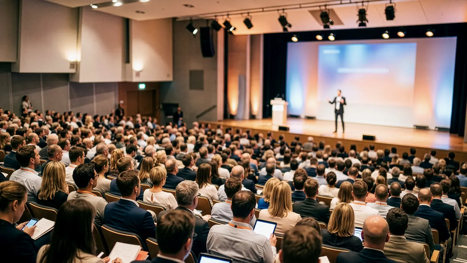 A full auditorium watching a speaker on stage